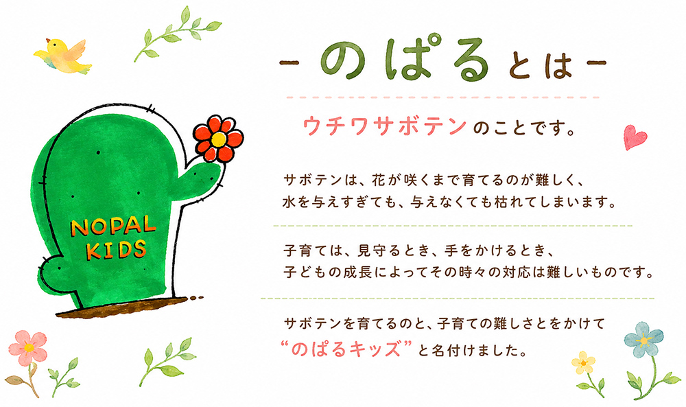 のぱるとはウチワサボテンのことです。サボテンは、花が咲くまで育てるのが難しく、水を与えすぎても、与えなくても枯れてしまいます。子育ては、見守るとき、手をかけるとき、子どもの成長によってその時々の対応は難しいものです。サボテンを育てるのと、子育ての難しさとをかけて“のぱるキッズ”と名付けました。