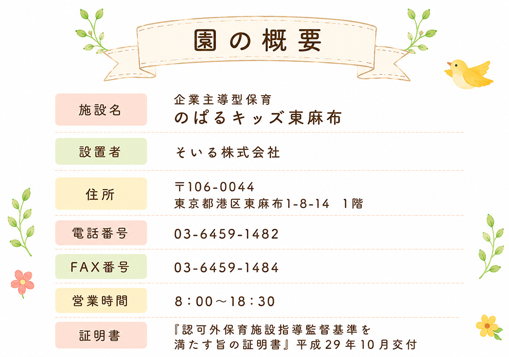 園の概要 〒106-0044東京都港区東麻布1-8-14　1階 03-6459-1482